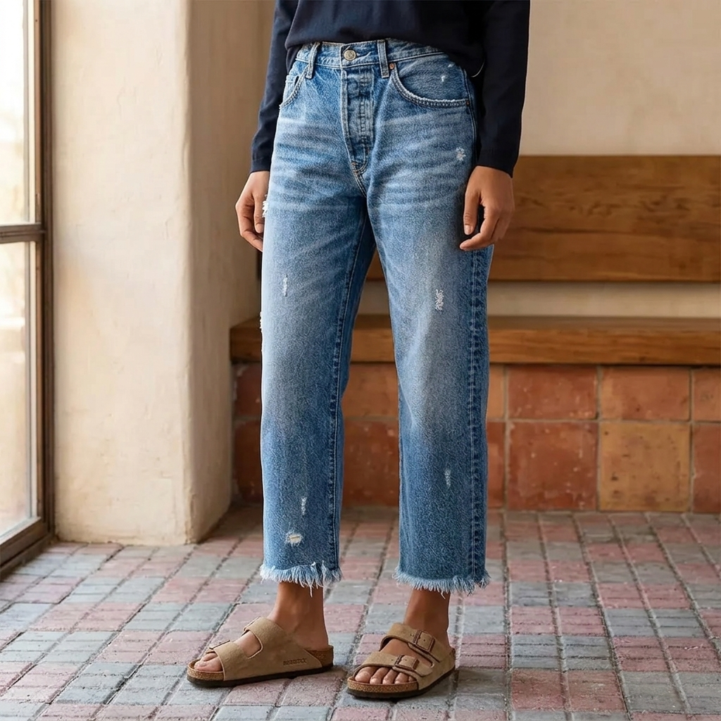Damen Jeans | Gerade Jeans mit ausgefranstem Saum und lässiger Waschung
