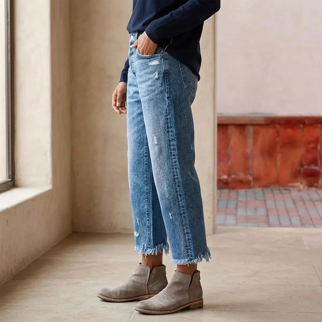Damen Jeans | Gerade Jeans mit ausgefranstem Saum und lässiger Waschung