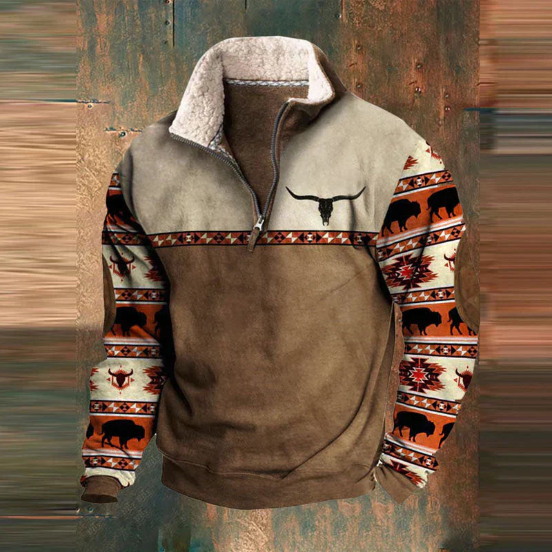 Carter – Herren Strickjacke mit Halb-Reißverschluss & Tribal-Muster | Komfortable Kangaroo-Taschen