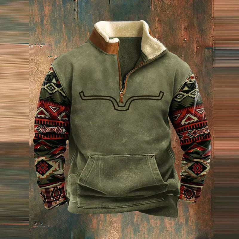 Carter – Herren Strickjacke mit Halb-Reißverschluss & Tribal-Muster | Komfortable Kangaroo-Taschen