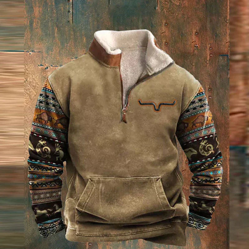 Carter – Herren Strickjacke mit Halb-Reißverschluss & Tribal-Muster | Komfortable Kangaroo-Taschen