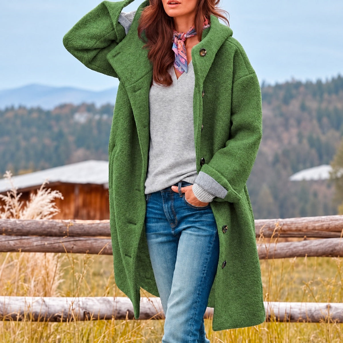 Damen Mantel | Langer Mantel mit Kapuze und Knopfverschluss