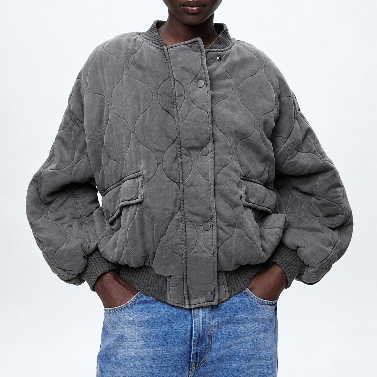 Damen Steppjacke | Oversized mit Druckknöpfen und Fronttaschen