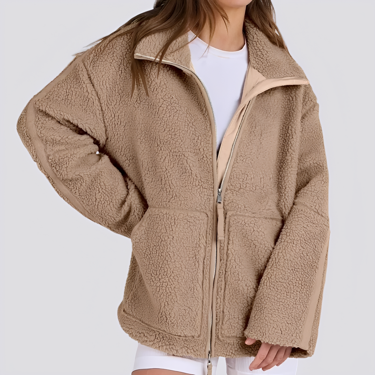 Damen Teddy-Jacke | Oversized mit hohem Kragen und Reißverschluss