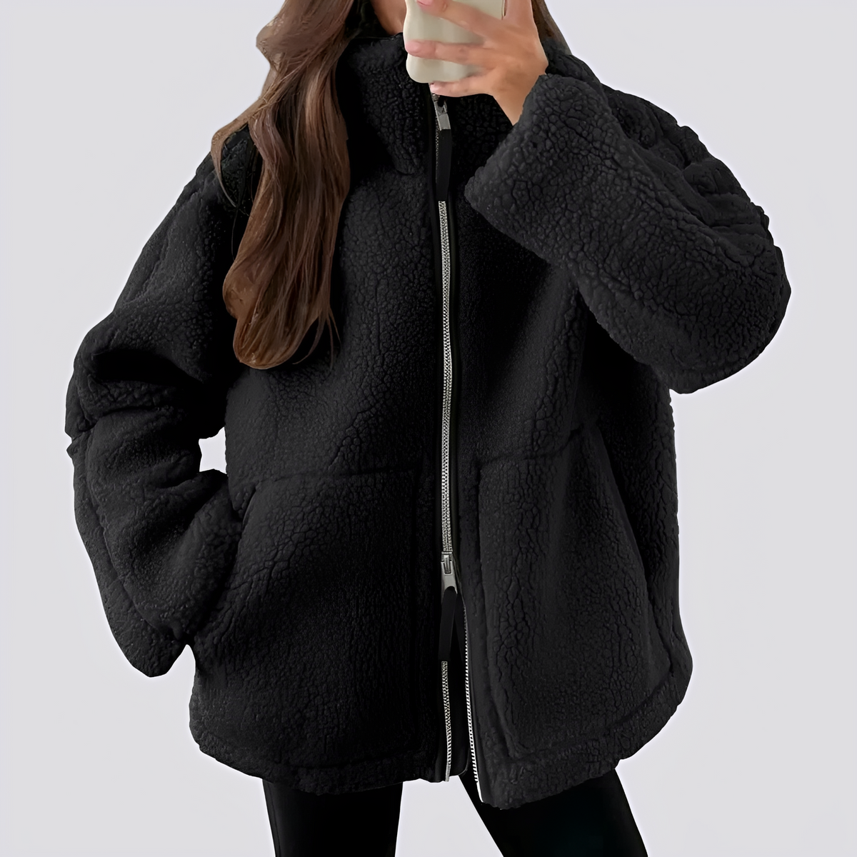 Damen Teddy-Jacke | Oversized mit hohem Kragen und Reißverschluss