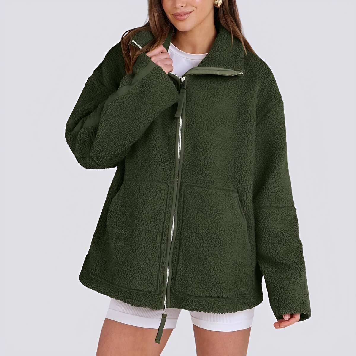 Damen Teddy-Jacke | Oversized mit hohem Kragen und Reißverschluss