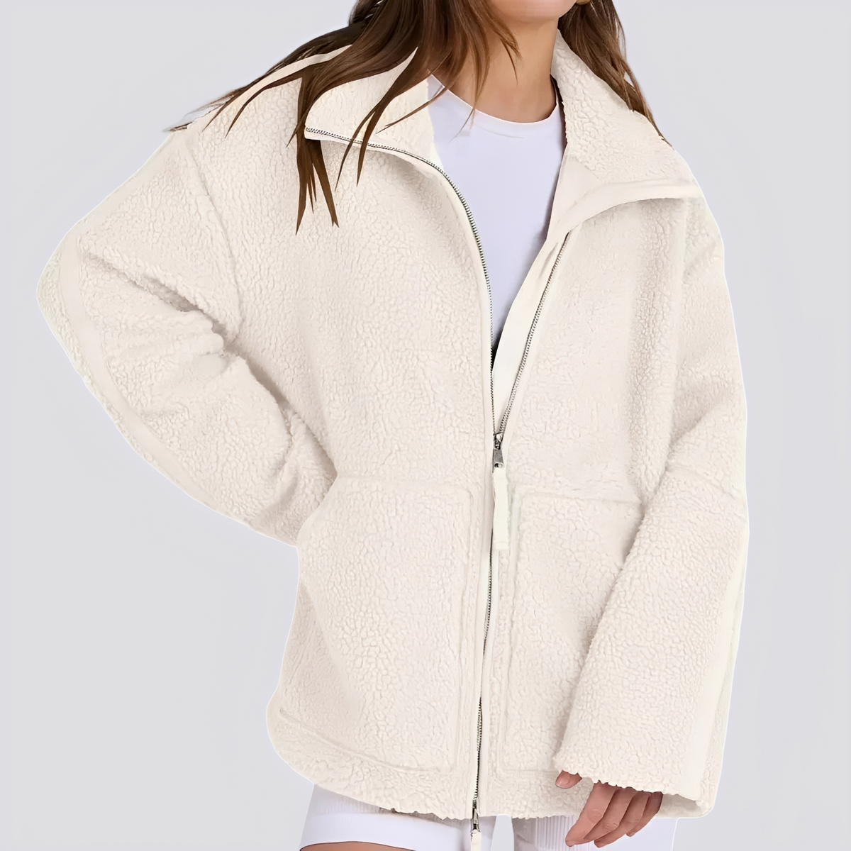 Damen Teddy-Jacke | Oversized mit hohem Kragen und Reißverschluss
