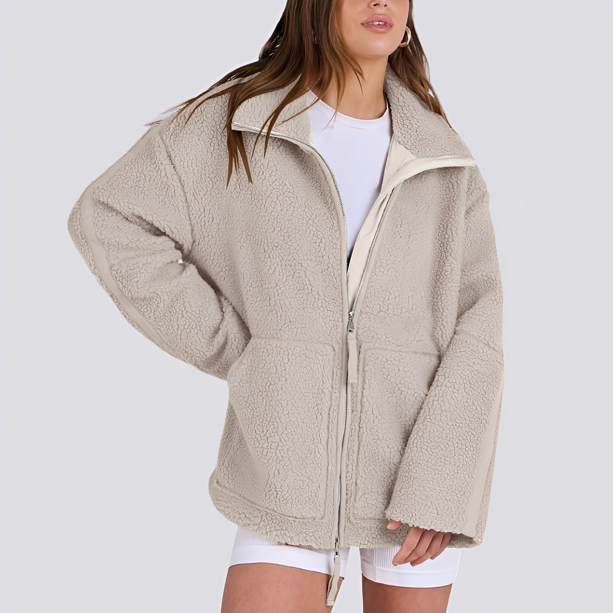 Damen Teddy-Jacke | Oversized mit hohem Kragen und Reißverschluss