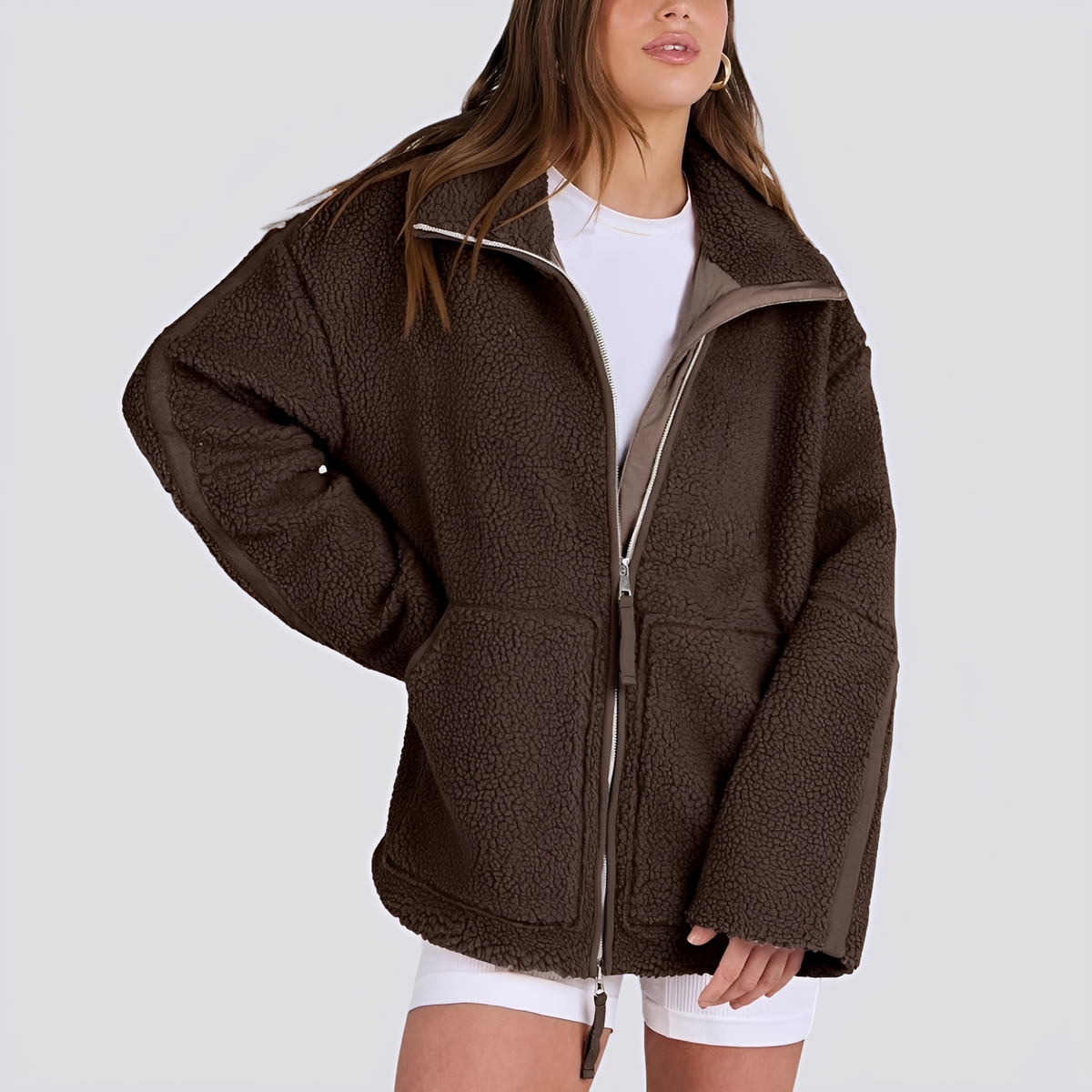 Damen Teddy-Jacke | Oversized mit hohem Kragen und Reißverschluss