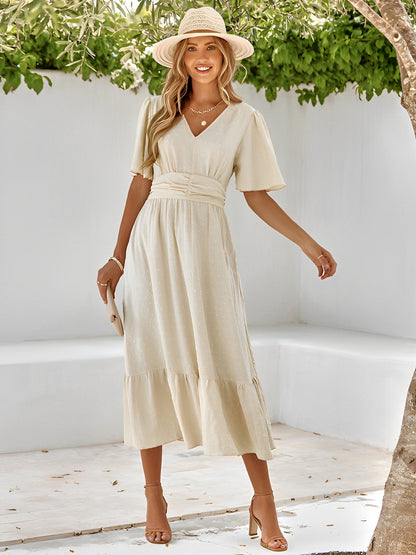 Kesha | Damen Sommer-Midikleid mit V-Ausschnitt, Taillengürtel & Rüschenabschluss – Elegant & Luftig