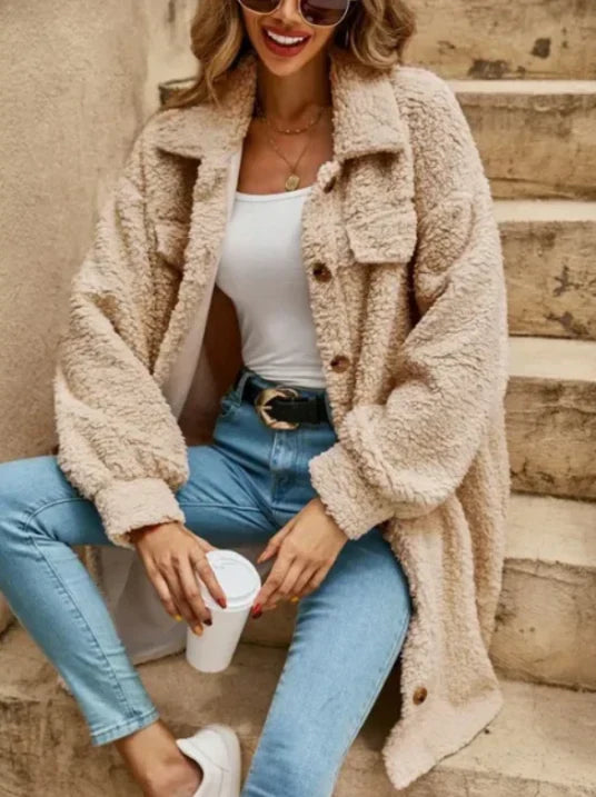 Gabrinelle | Oversized Damen Teddy-Mantel in Beige | Lang, Knopfverschluss & Reverskragen für Stylische Wärme