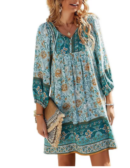 Ritchie | Damen Boho Sommerkleid – V-Ausschnitt, Weit Geschnitten & Blumendruck mit Bischofsärmeln