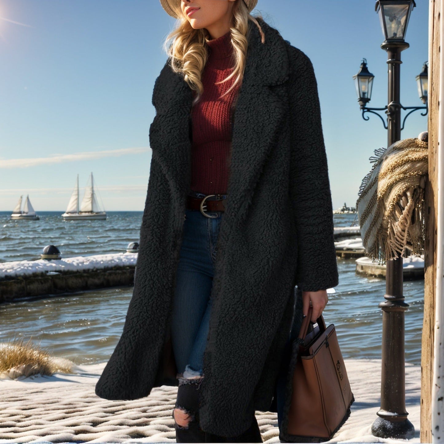 Imara | Damen Trenchcoat mit Relaxed Fit, Teddy-Textur & offenem Frontdesign
