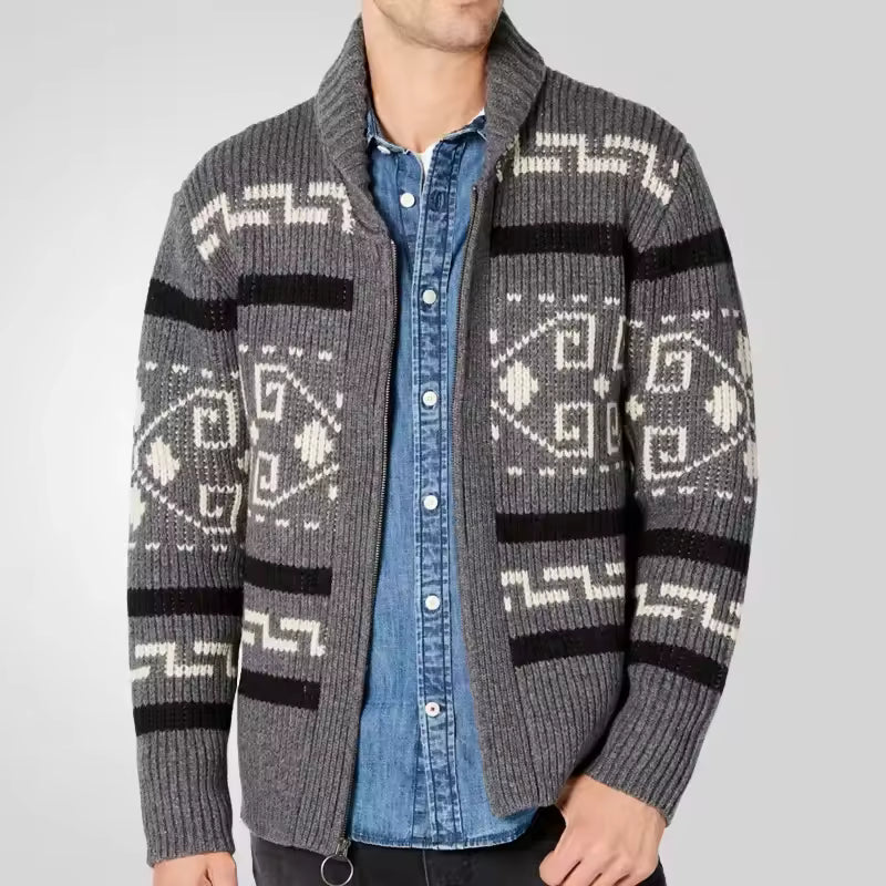 Maynard | Herren Strick-Cardigan mit Tribal Muster, Reißverschluss & Reverskragen