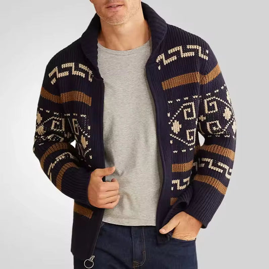 Maynard | Herren Strick-Cardigan mit Tribal Muster, Reißverschluss & Reverskragen