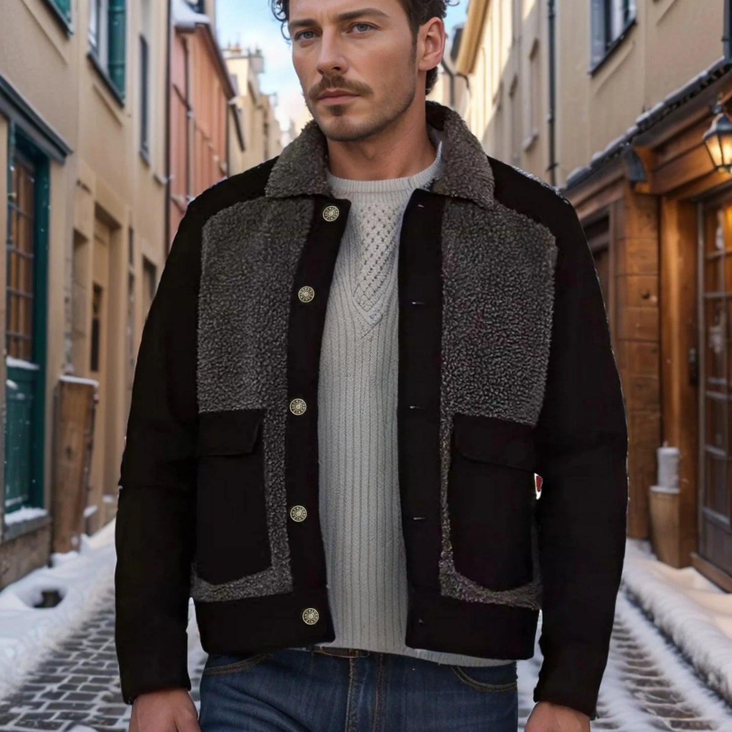 Raphael | Herren Truckerjacke Regular Fit, Sherpa Kragen, Patchwork Design, Hüftlang