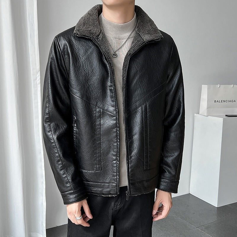 Ervandel | Herren Bomberjacke aus Kunstleder mit Plüschkragen und Reißverschluss