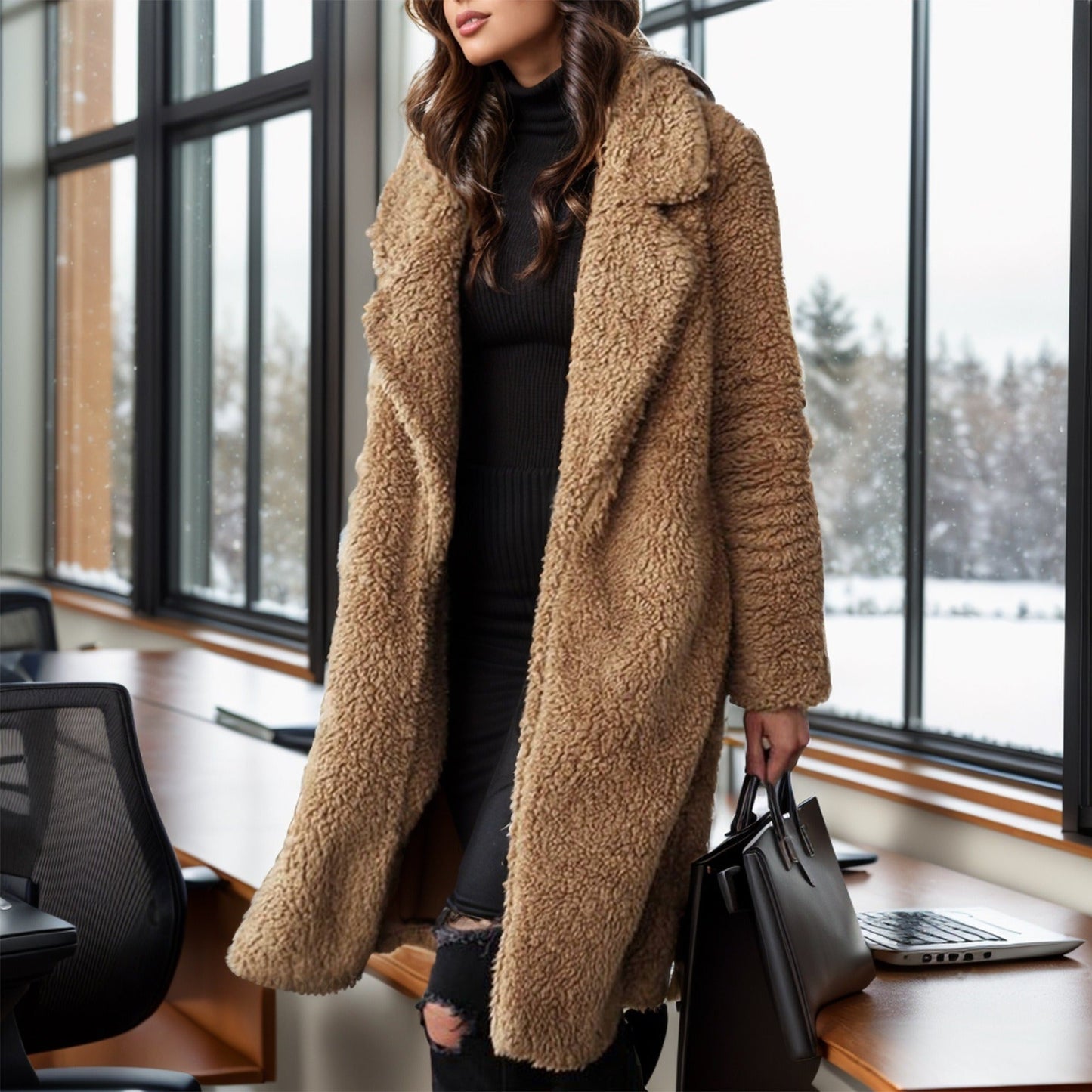 Imara | Damen Trenchcoat mit Relaxed Fit, Teddy-Textur & offenem Frontdesign