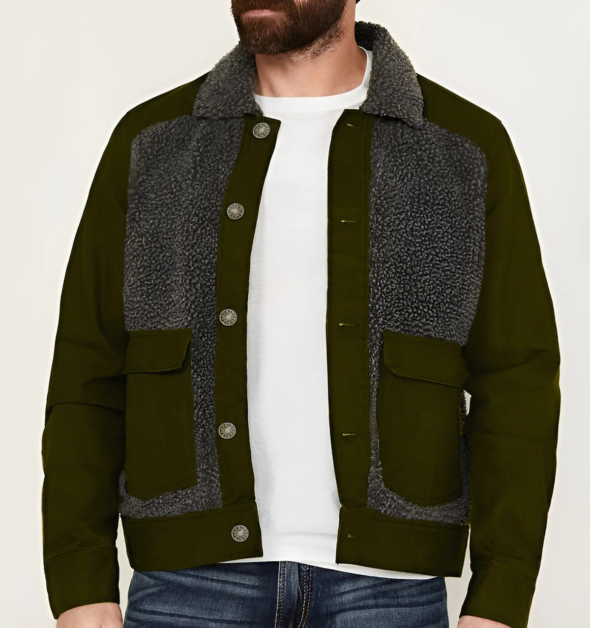 Raphael | Herren Truckerjacke Regular Fit, Sherpa Kragen, Patchwork Design, Hüftlang