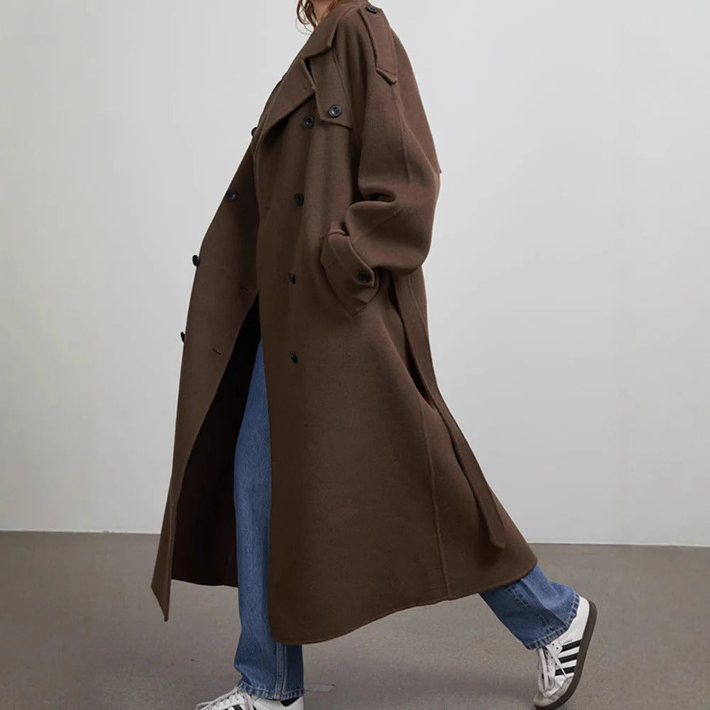 Henrielle | Damen Trenchcoat Lang Oversized Fit, Doppelreiher mit Bindegürtel & Reverskragen
