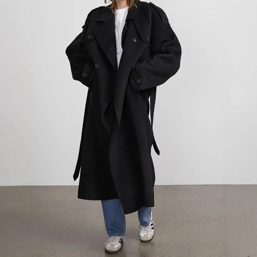 Henrielle | Damen Trenchcoat Lang Oversized Fit, Doppelreiher mit Bindegürtel & Reverskragen