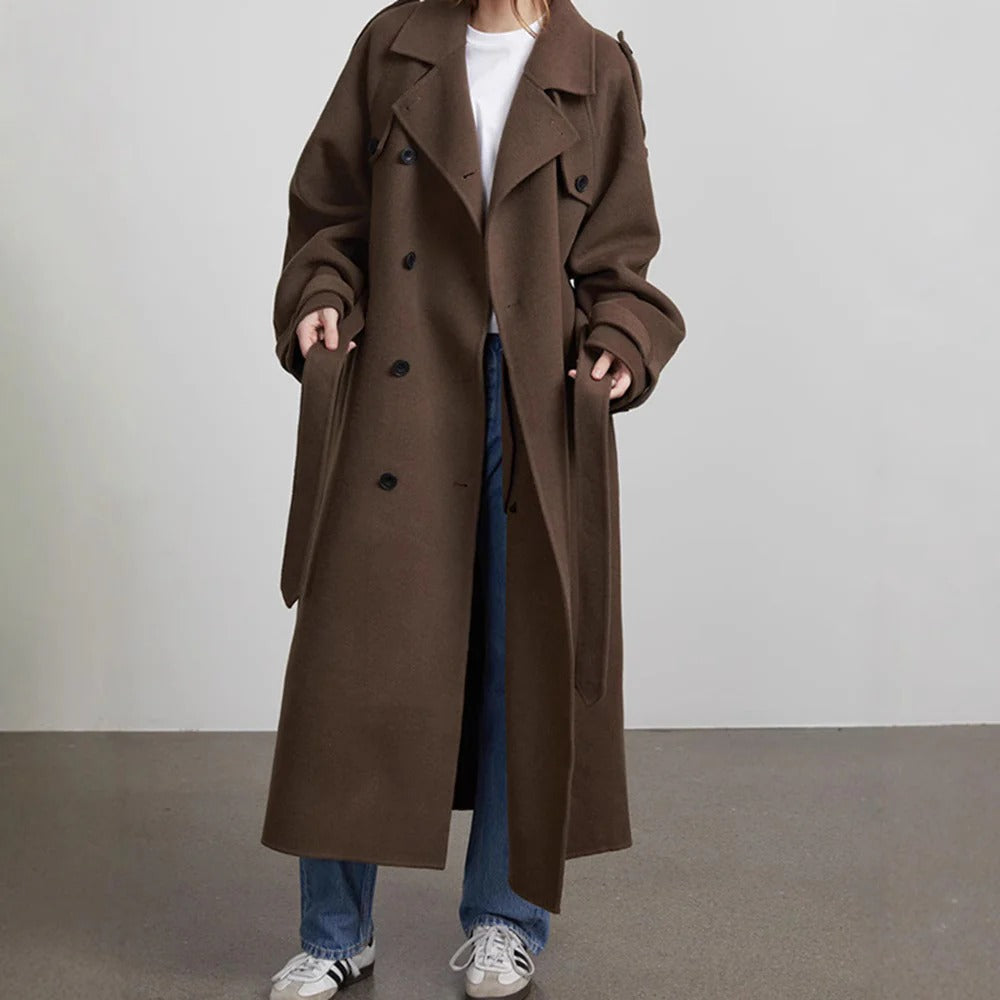 Henrielle | Damen Trenchcoat Lang Oversized Fit, Doppelreiher mit Bindegürtel & Reverskragen