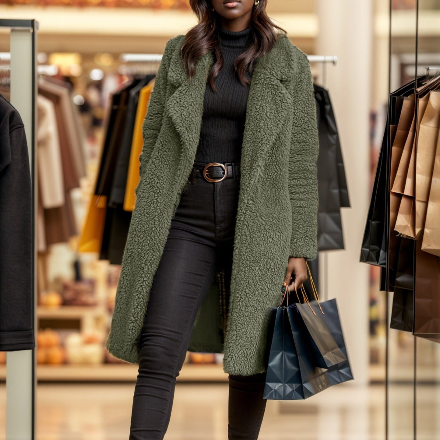 Imara | Damen Trenchcoat mit Relaxed Fit, Teddy-Textur & offenem Frontdesign