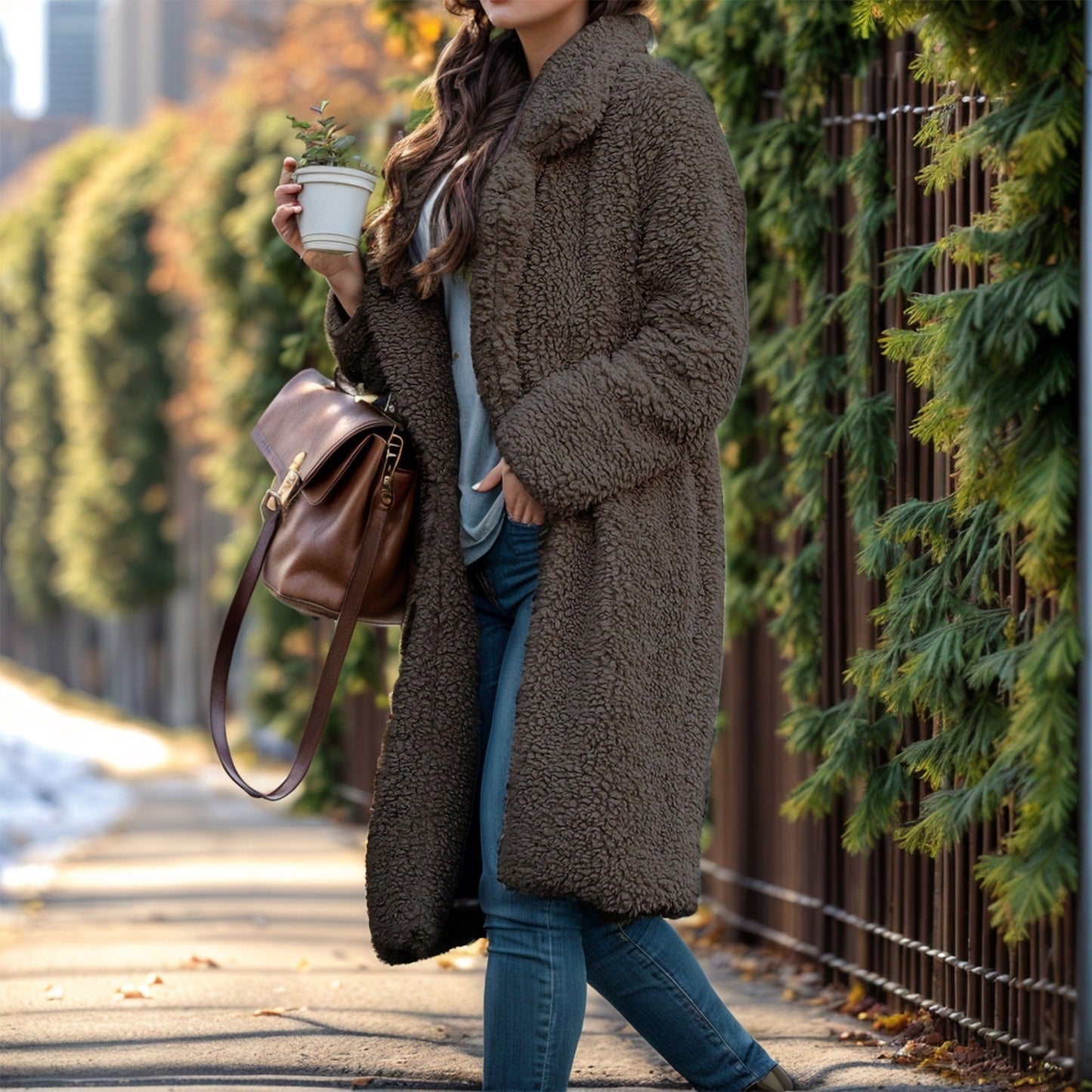 Imara | Damen Trenchcoat mit Relaxed Fit, Teddy-Textur & offenem Frontdesign
