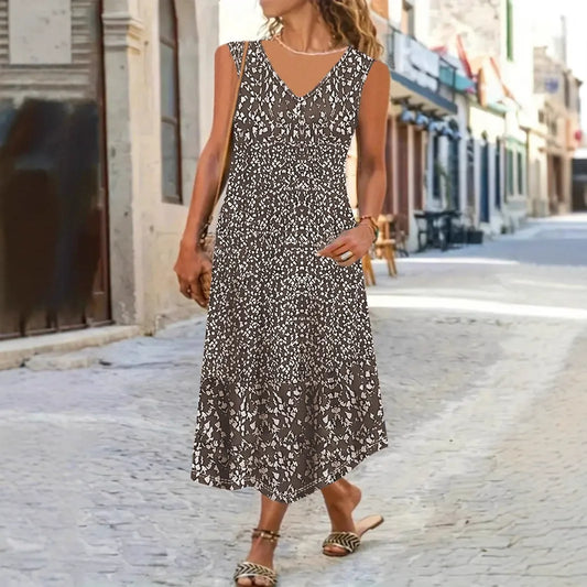 Flory | Maxi Sommerkleid mit Blumenmuster | Luftiges Damenkleid mit V-Ausschnitt & Ärmellos