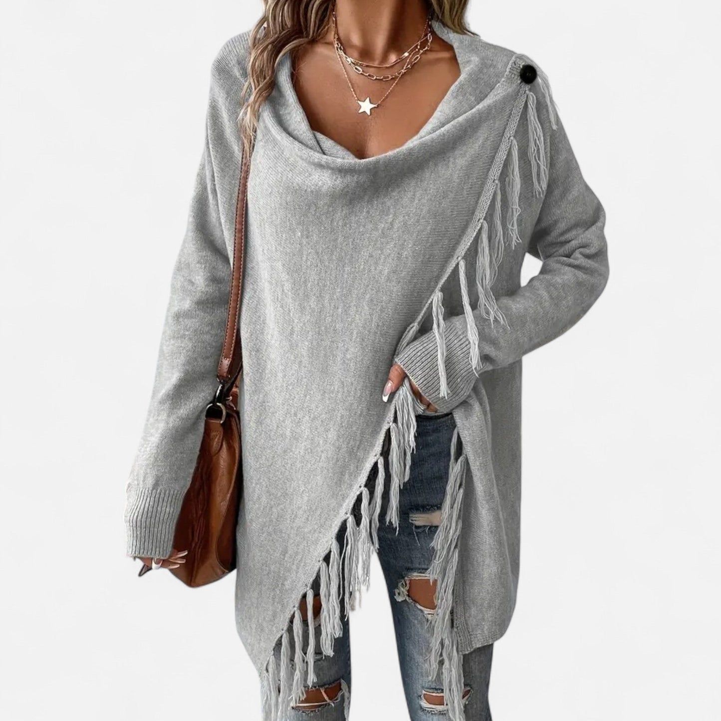 Stellora | Damen Fransen-Pullover mit V-Ausschnitt – Stylischer Strickpullover mit Tassel-Details für Herbst & Winter