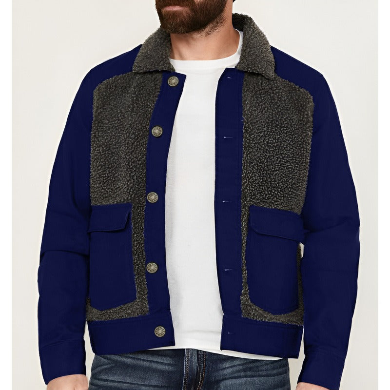 Raphael | Herren Truckerjacke Regular Fit, Sherpa Kragen, Patchwork Design, Hüftlang