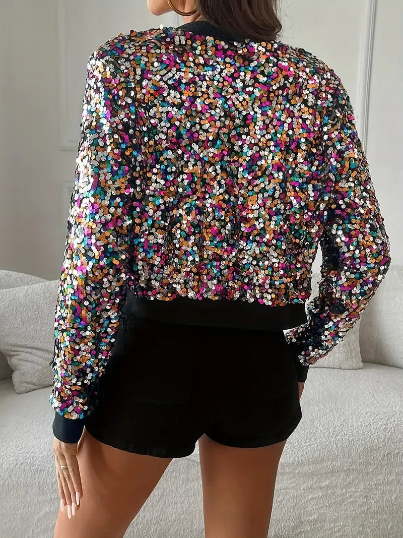 Isabela | Women's Bomberjacke mit Pailletten All-Over, Reißverschluss & Gerippten Bündchen | Glänzender Cropped Look für besondere Outfits