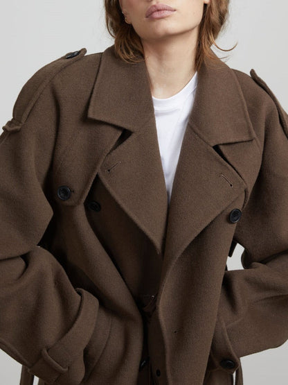 Henrielle | Damen Trenchcoat Lang Oversized Fit, Doppelreiher mit Bindegürtel & Reverskragen