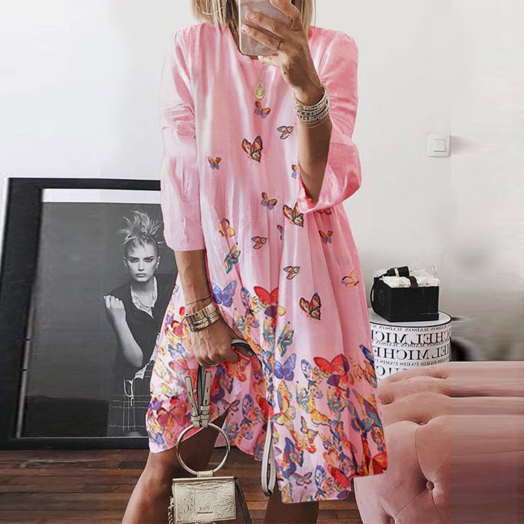 Prina | Damen Baumwoll Midikleid mit Schmetterlingsprint – Lockere Passform & 3/4-Ärmel – Luftig & Sommerlich
