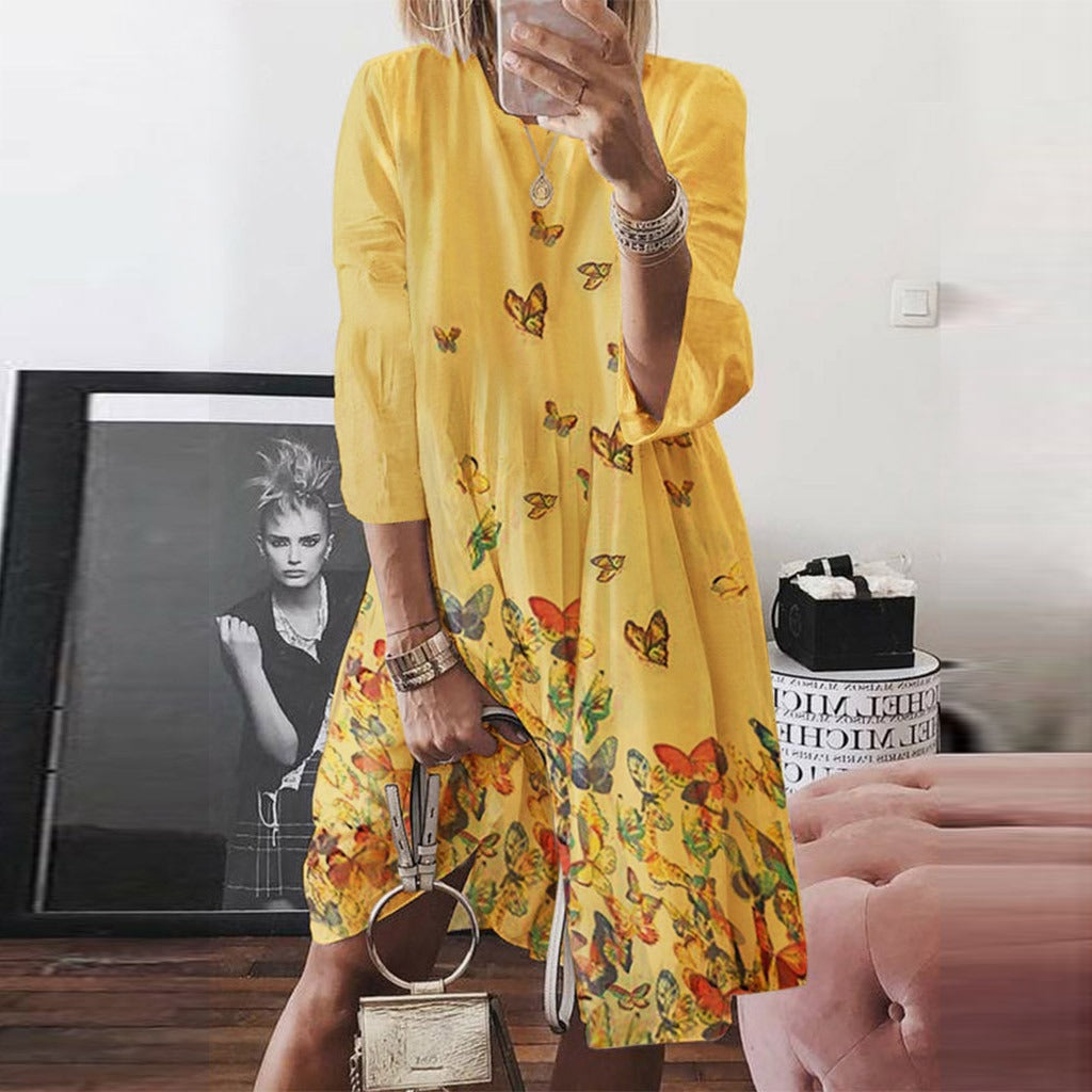 Prina | Damen Baumwoll Midikleid mit Schmetterlingsprint – Lockere Passform & 3/4-Ärmel – Luftig & Sommerlich