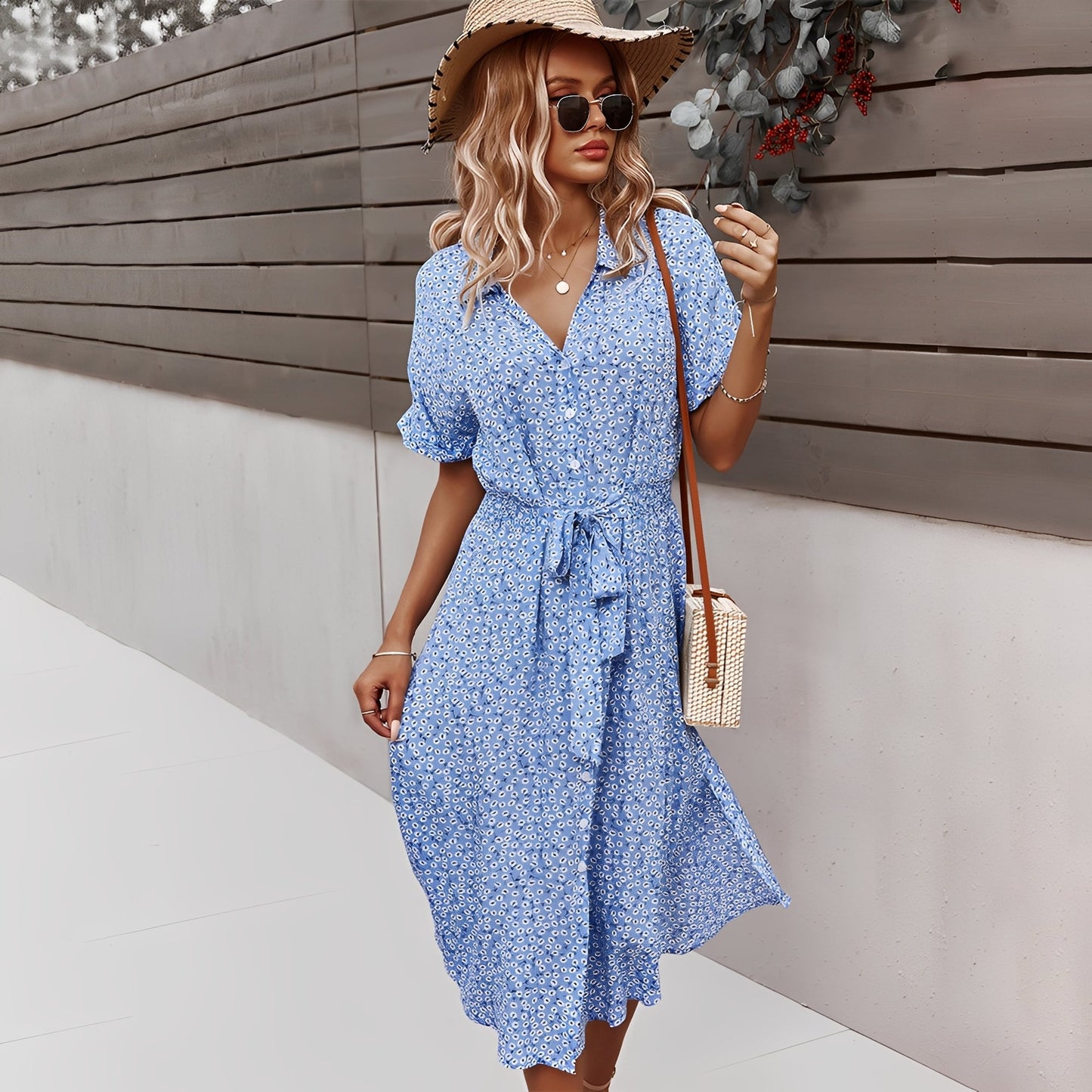 Damen Midi-Kleid mit Blumenmuster – Sommerkleid für Freizeit, Urlaub und warme Tage