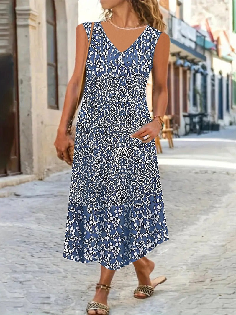 Flory | Maxi Sommerkleid mit Blumenmuster | Luftiges Damenkleid mit V-Ausschnitt & Ärmellos