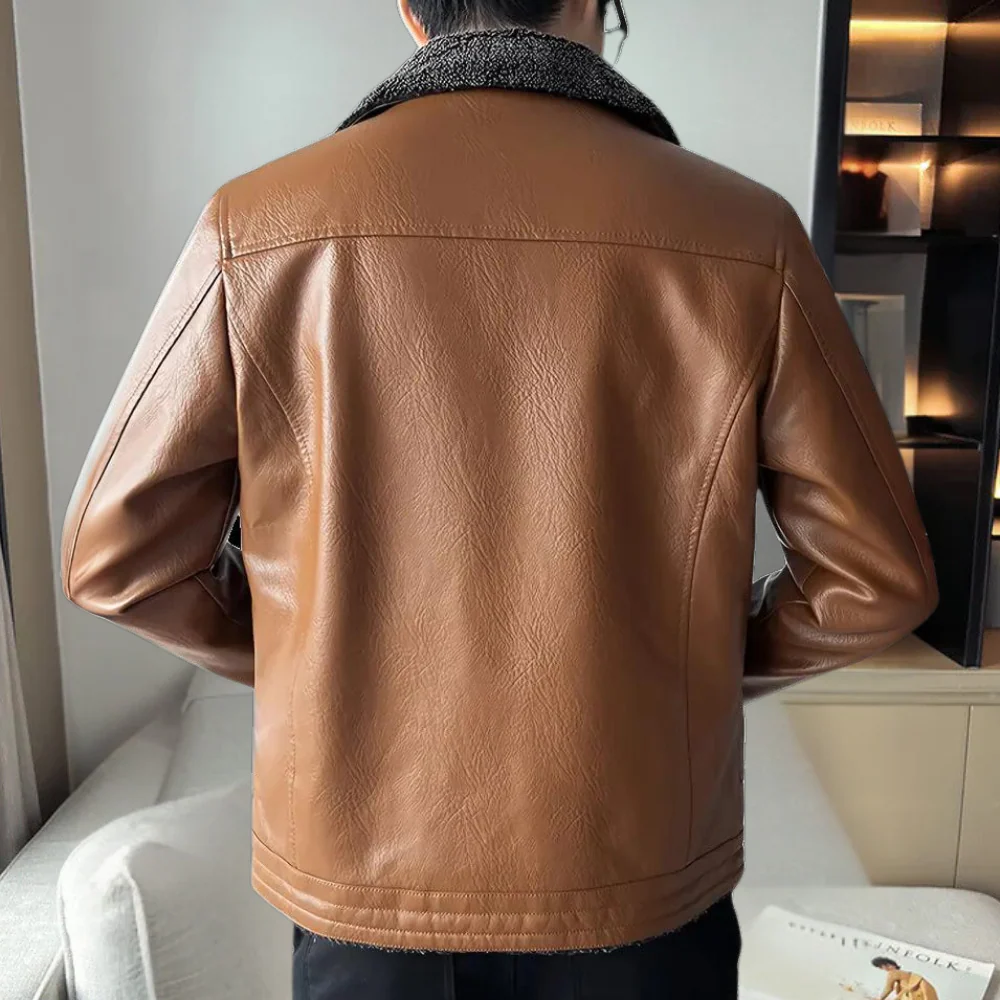 Ervandel | Herren Bomberjacke aus Kunstleder mit Plüschkragen und Reißverschluss