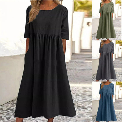 Binnie | Elegantes Damen Midikleid in Unifarbe mit Rundhalsausschnitt & Halbarm | Lockerer Schnitt für Alltag & Anlass