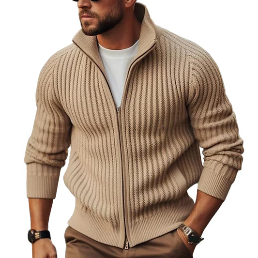Arthur | Herren Strickjacke mit Reißverschluss, Stehkragen & Ripp-Design
