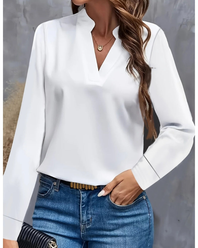 Damen Langarmbluse mit V-Ausschnitt – Elegante Bluse für Büro, Meetings und gepflegte Alltagslooks