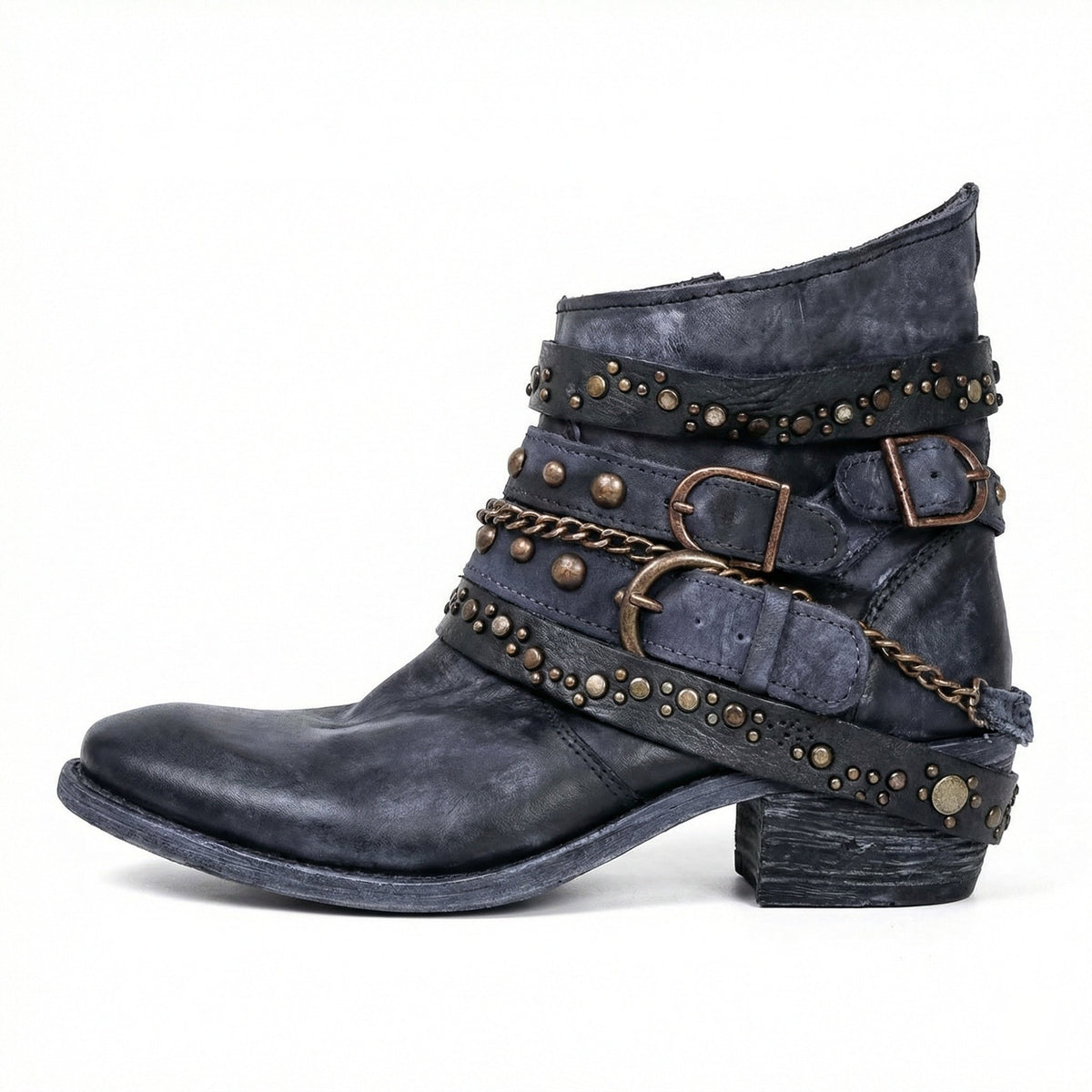 Damen Stiefeletten | Kurze Boots mit Ketten, Nieten und dekorativen Riemen