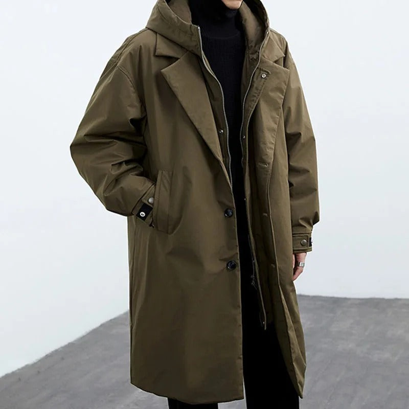 Herren Langer Wasserdichter Puffer Trenchcoat | Warm, Wetterfest & Mit Kapuze