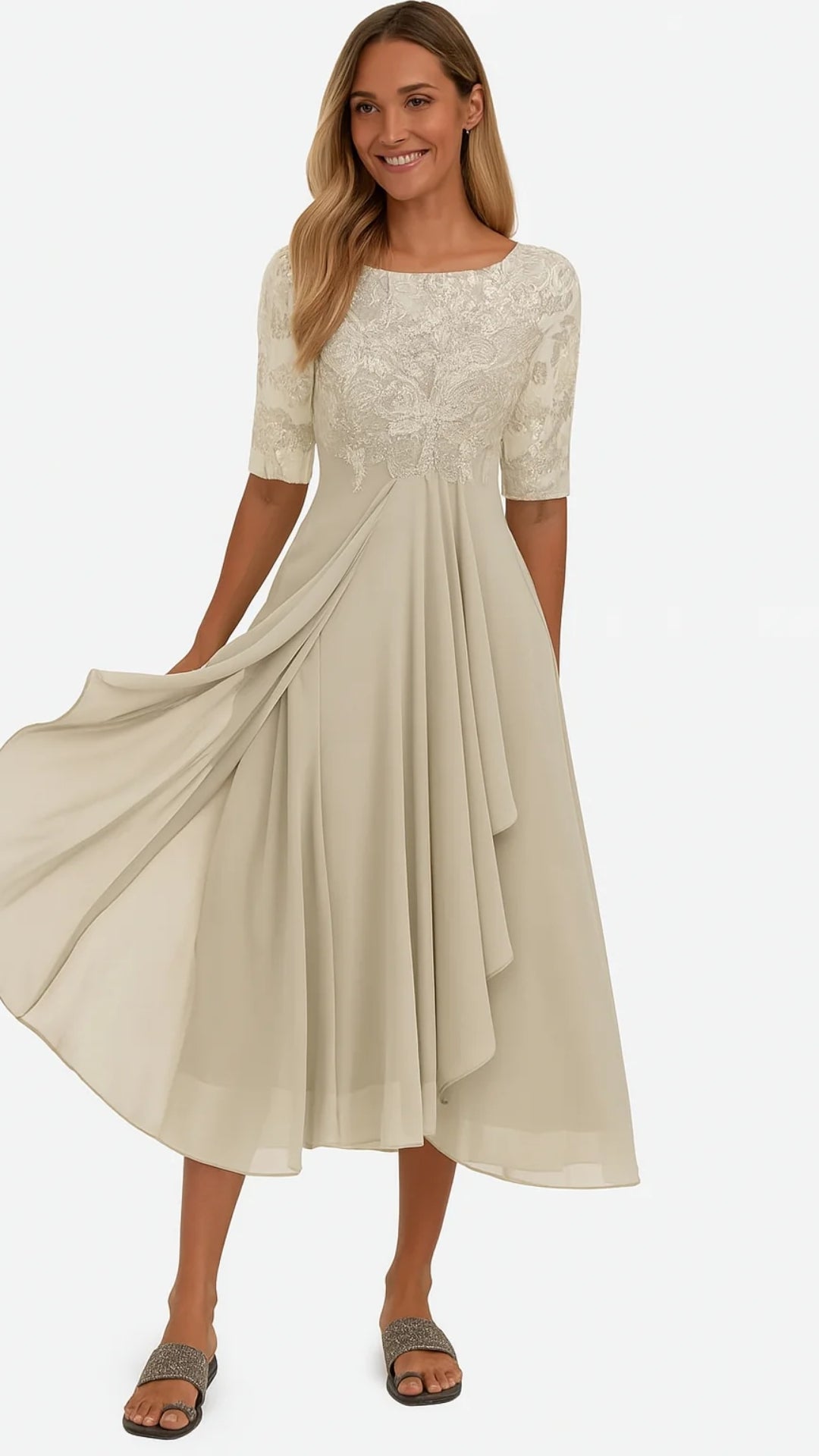 Damen Midi-Kleid mit Spitze und Chiffon – Elegantes Festkleid für besondere Anlässe