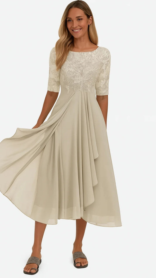Damen Midi-Kleid mit Spitze und Chiffon – Elegantes Festkleid für besondere Anlässe