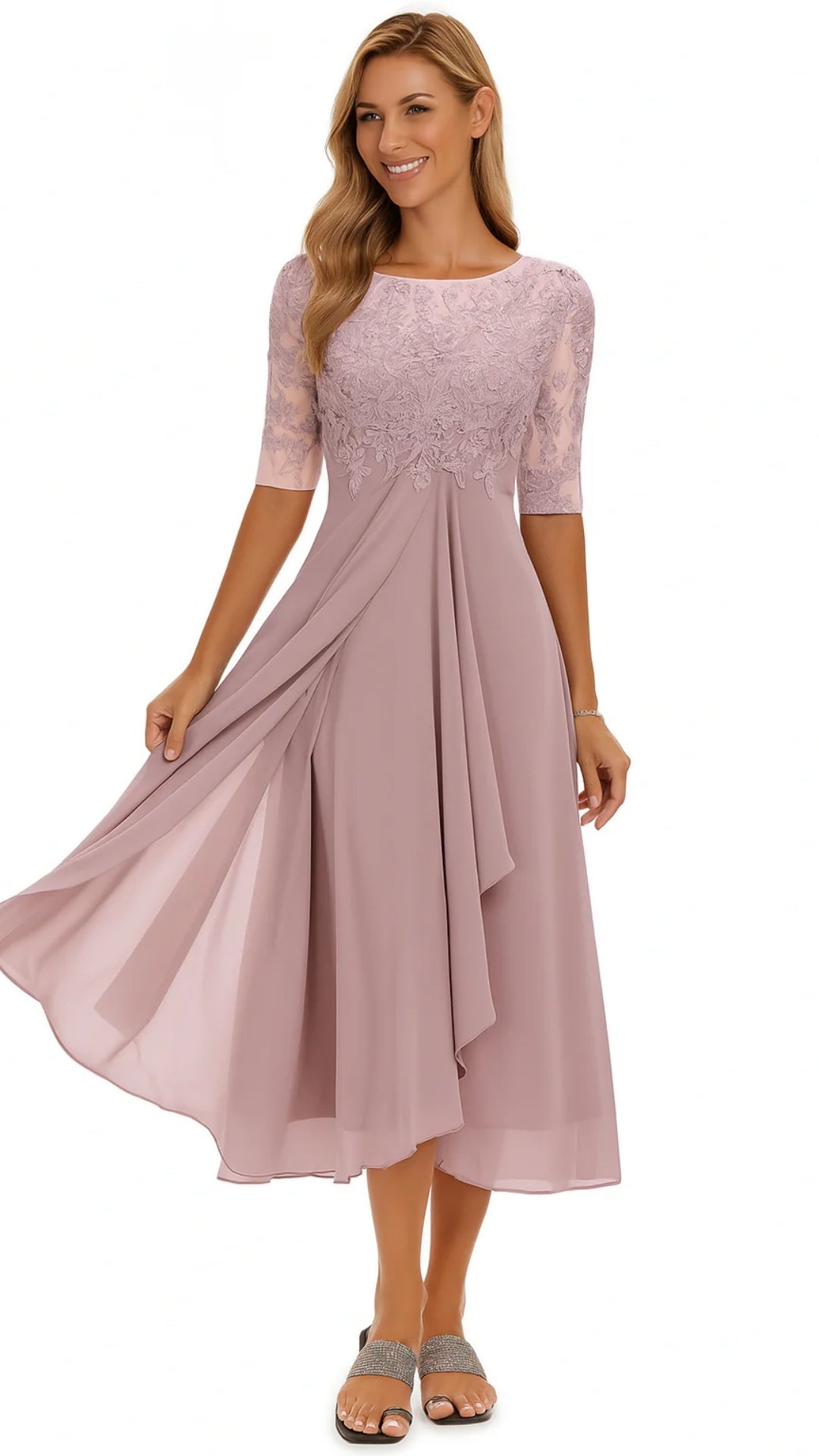 Damen Midi-Kleid mit Spitze und Chiffon – Elegantes Festkleid für besondere Anlässe