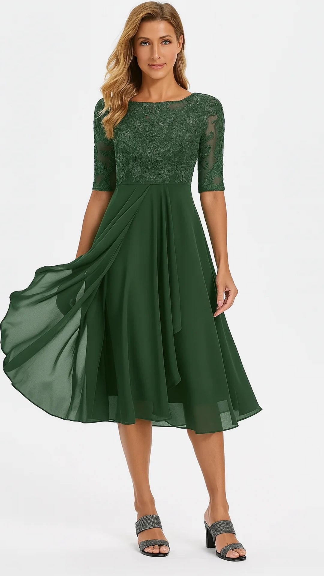 Damen Midi-Kleid mit Spitze und Chiffon – Elegantes Festkleid für besondere Anlässe
