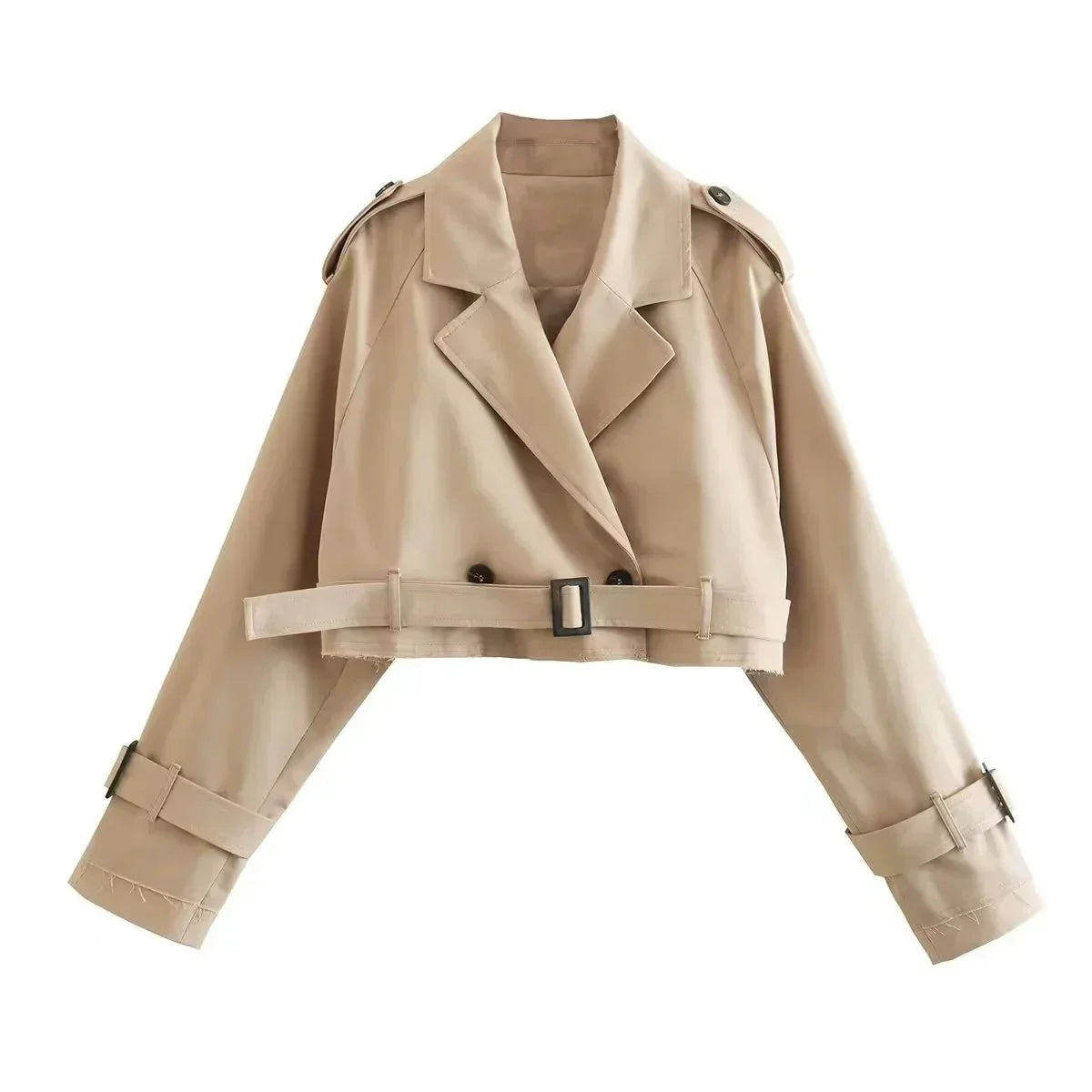 Easterine | Khaki Cropped Damenjacke mit Doppelreiher & Taillengürtel