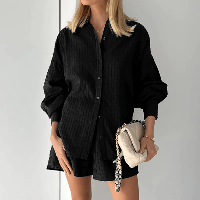 Jessi | Zweiteiliges Sommer-Set für Damen | Strukturierte Bluse mit Bischofsärmeln & High-Waist Shorts im lockeren Schnitt