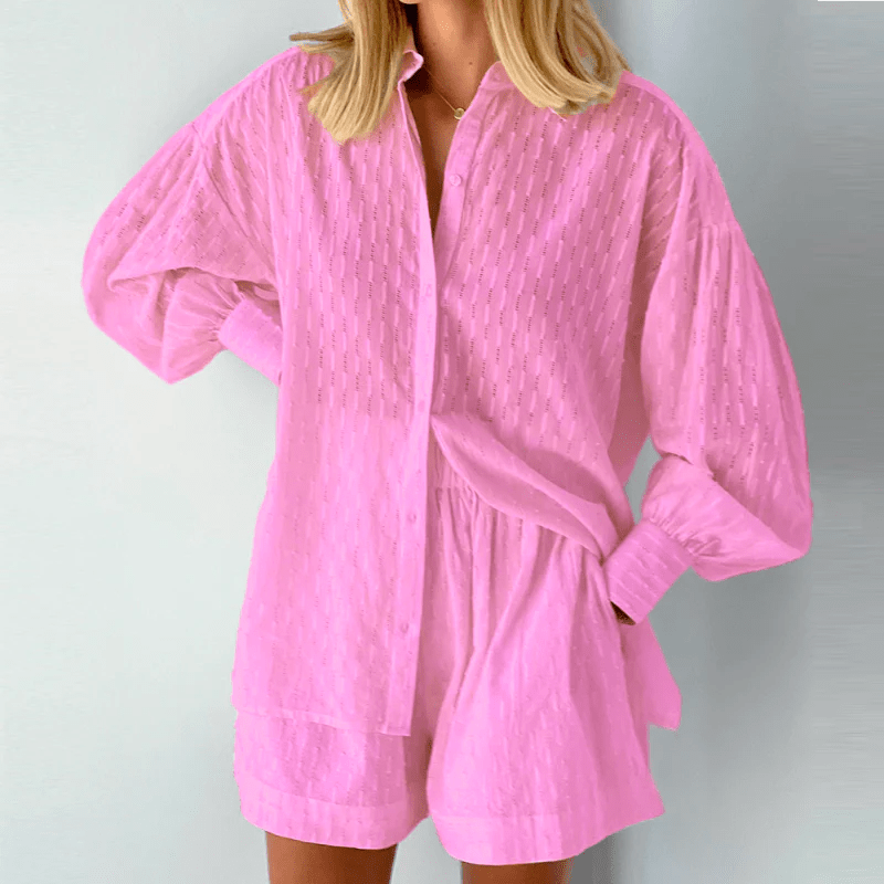 Jessi | Zweiteiliges Sommer-Set für Damen | Strukturierte Bluse mit Bischofsärmeln & High-Waist Shorts im lockeren Schnitt